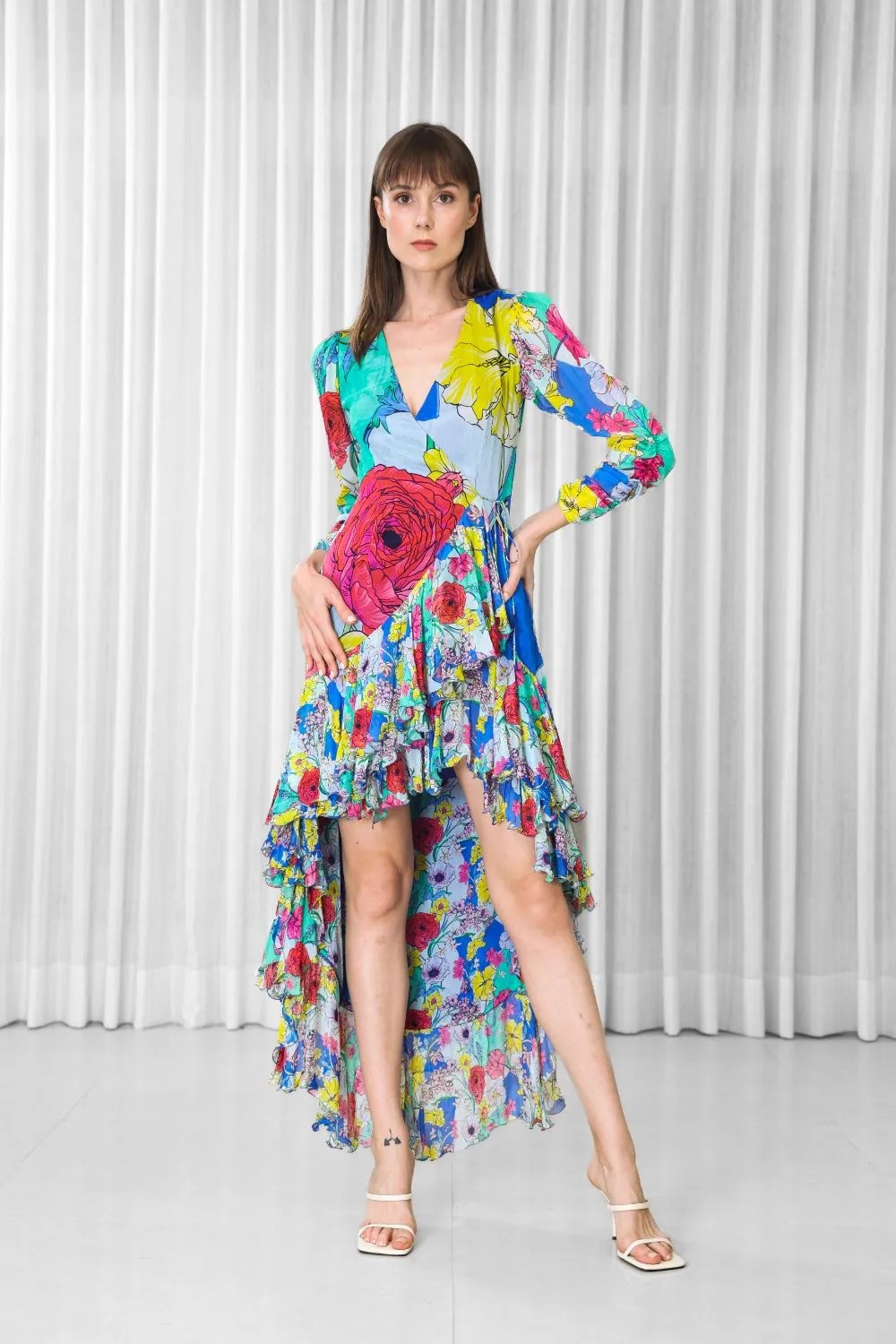 Hibiscus placement ruffled wrap dress