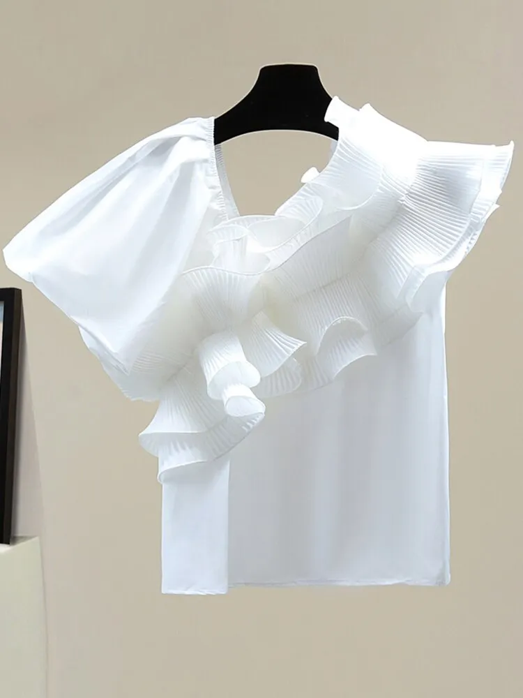 Irregular Collar Ruffle Trim T Shirt