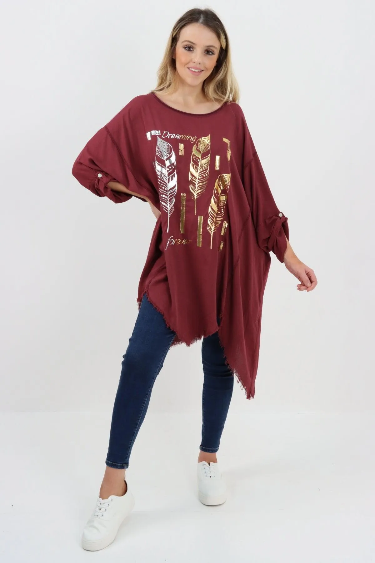 Ladies Made In Italy Foil Feather Raw Edge Top