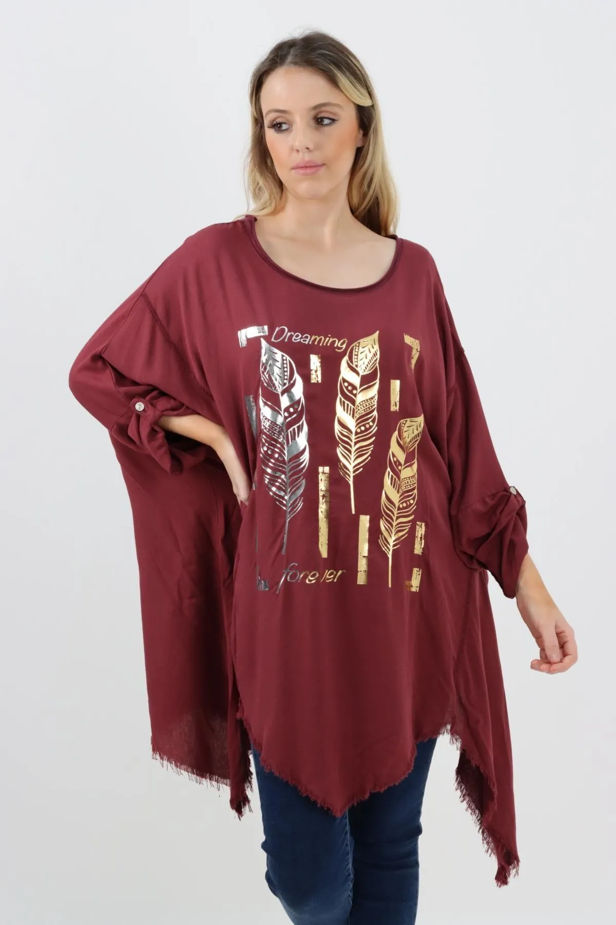 Ladies Made In Italy Foil Feather Raw Edge Top