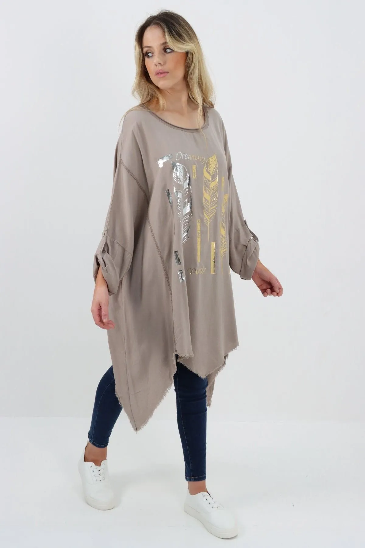 Ladies Made In Italy Foil Feather Raw Edge Top