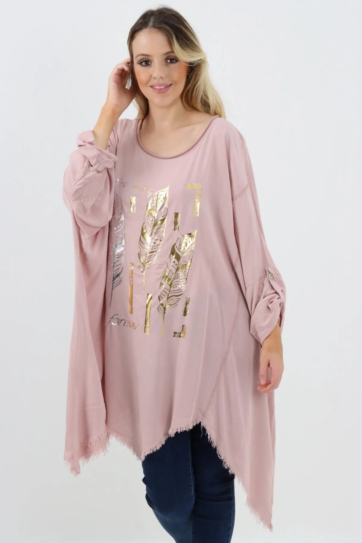 Ladies Made In Italy Foil Feather Raw Edge Top