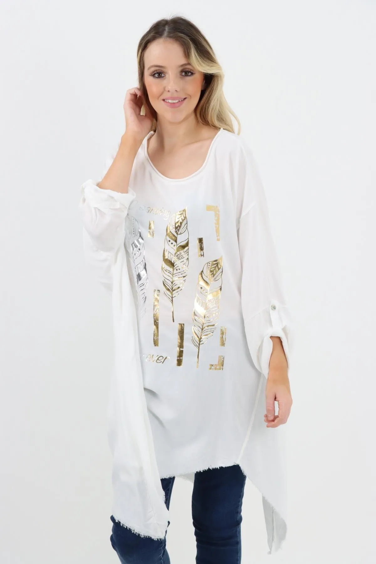 Ladies Made In Italy Foil Feather Raw Edge Top
