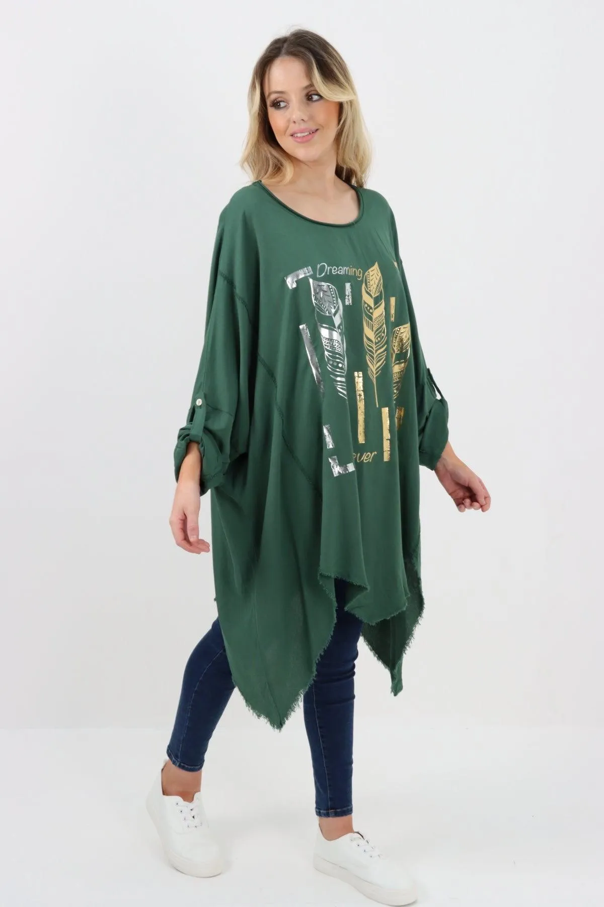 Ladies Made In Italy Foil Feather Raw Edge Top