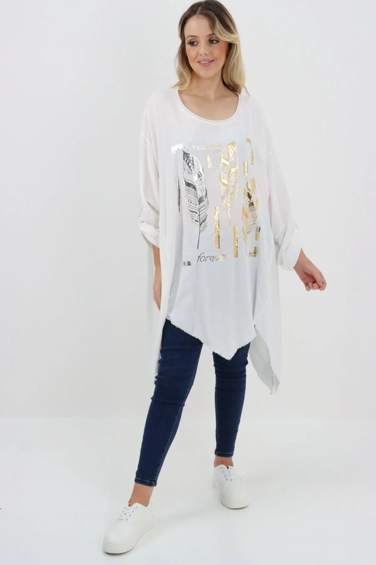 Ladies Made In Italy Foil Feather Raw Edge Top