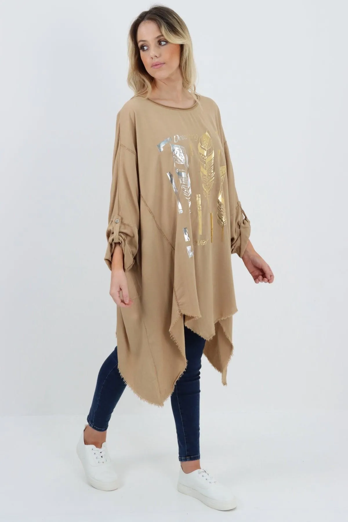Ladies Made In Italy Foil Feather Raw Edge Top