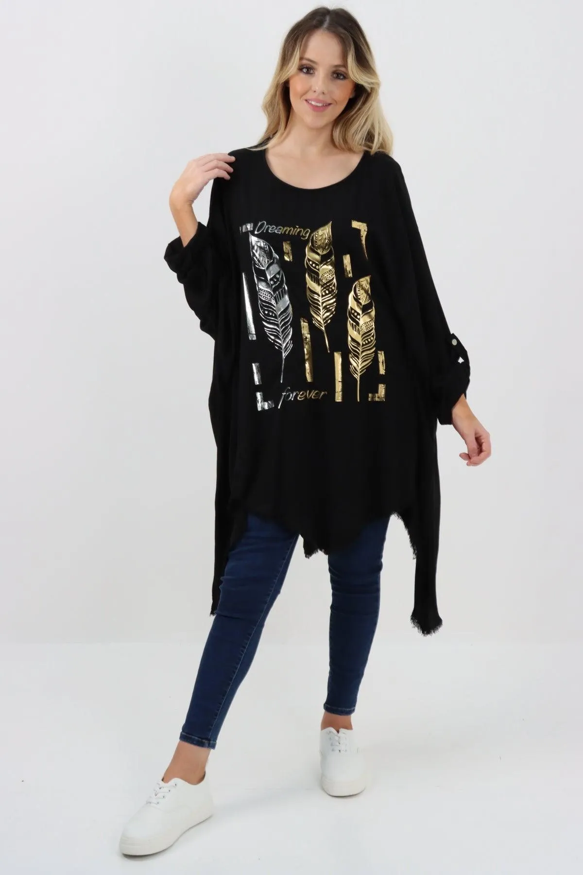 Ladies Made In Italy Foil Feather Raw Edge Top