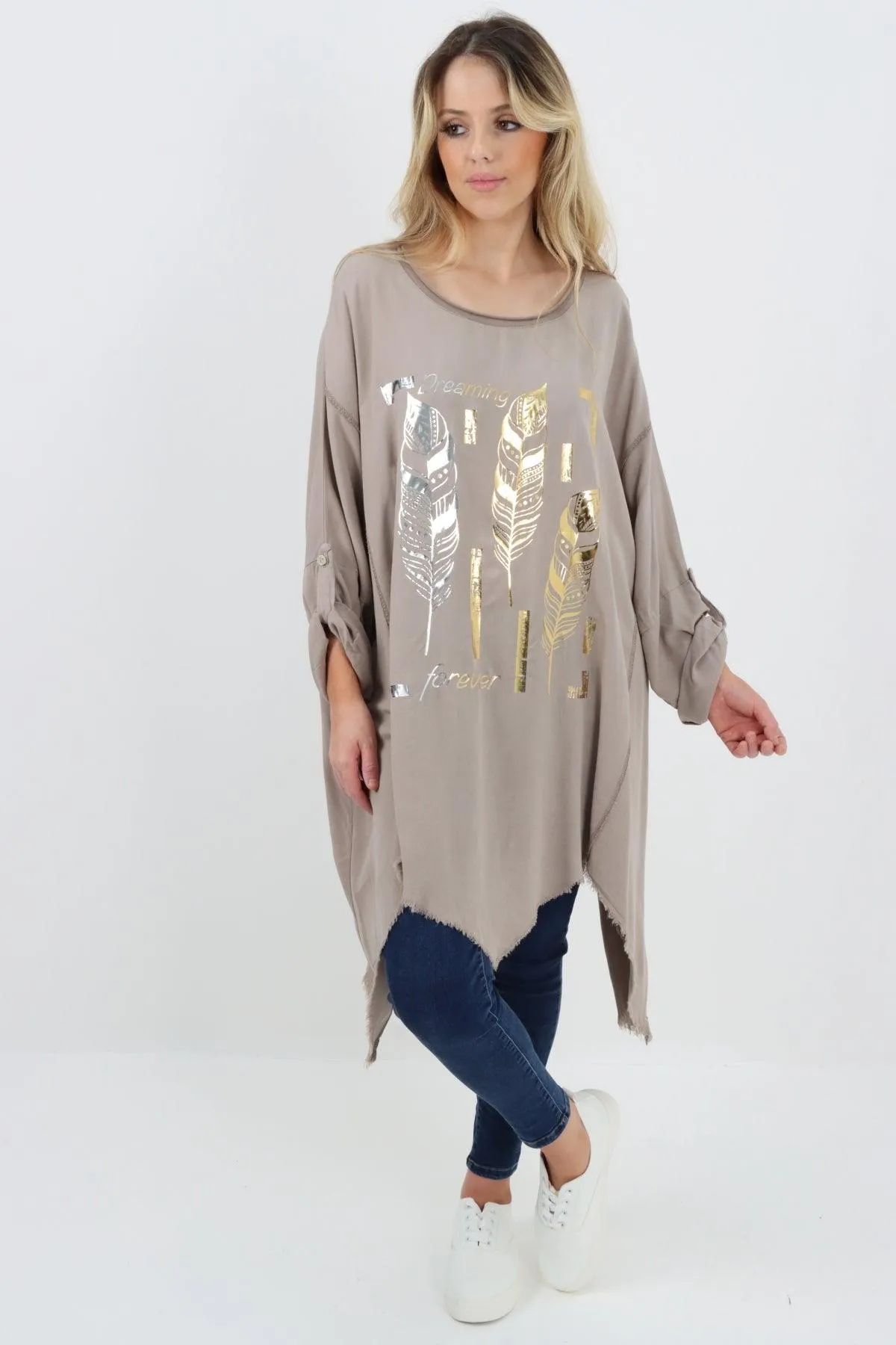 Ladies Made In Italy Foil Feather Raw Edge Top