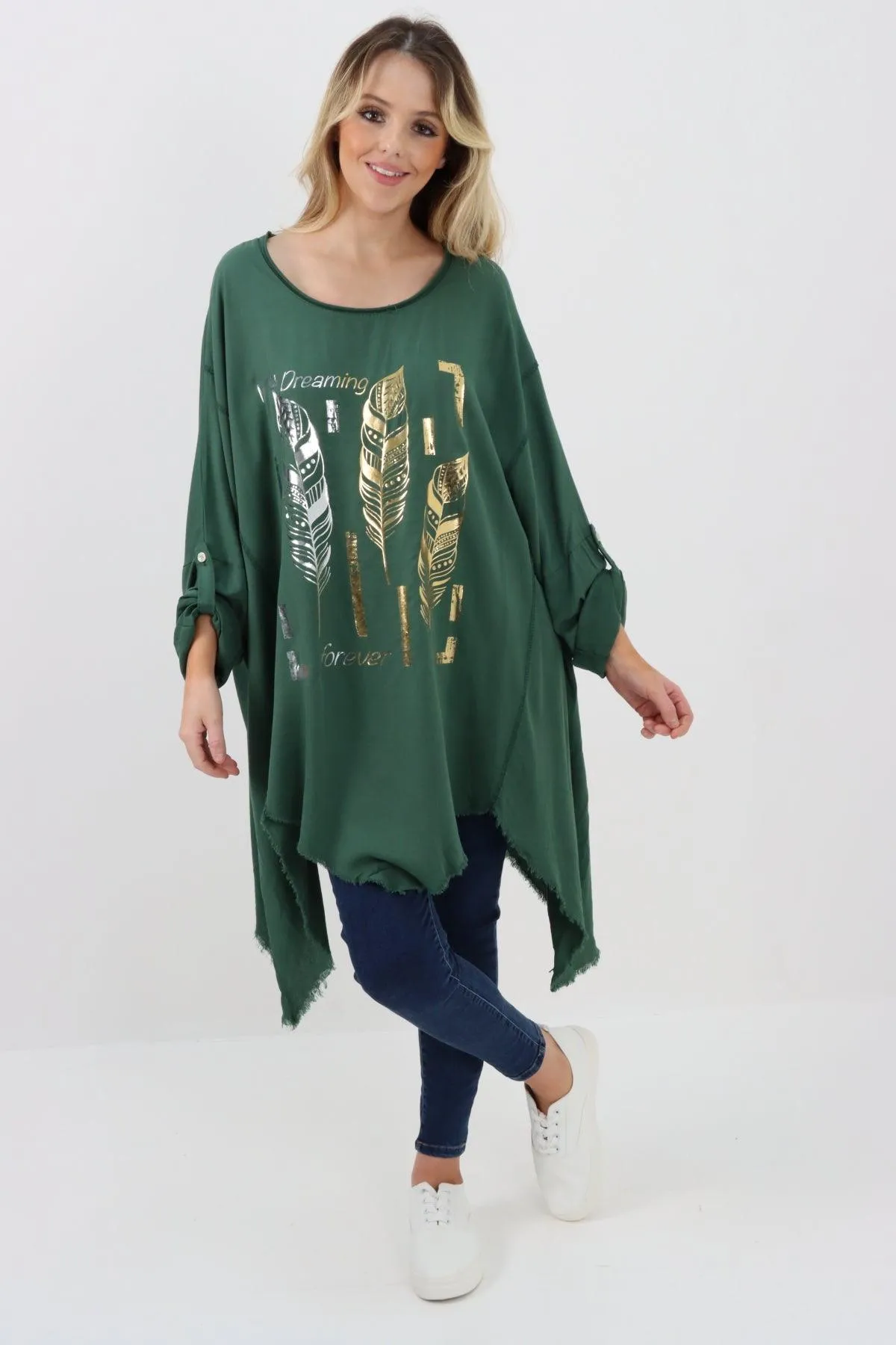 Ladies Made In Italy Foil Feather Raw Edge Top