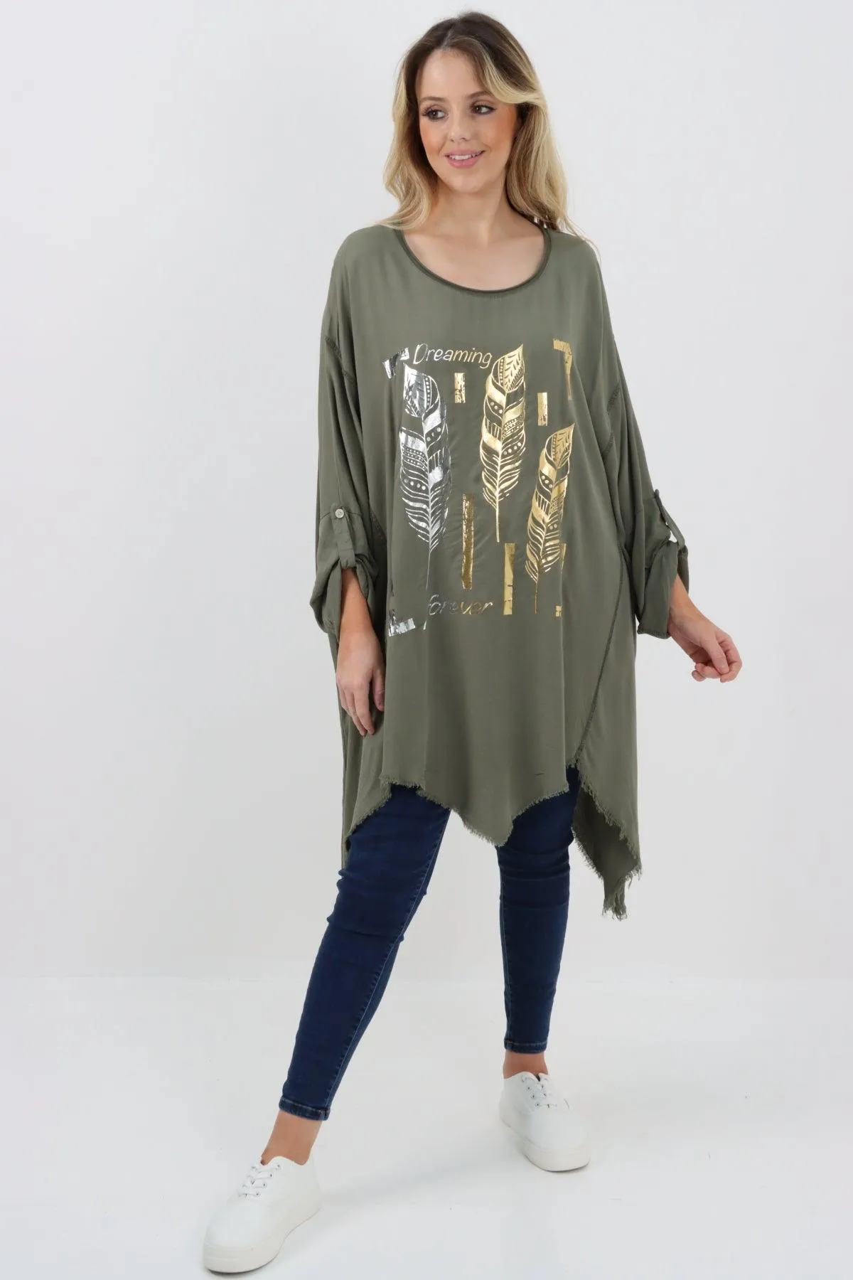 Ladies Made In Italy Foil Feather Raw Edge Top