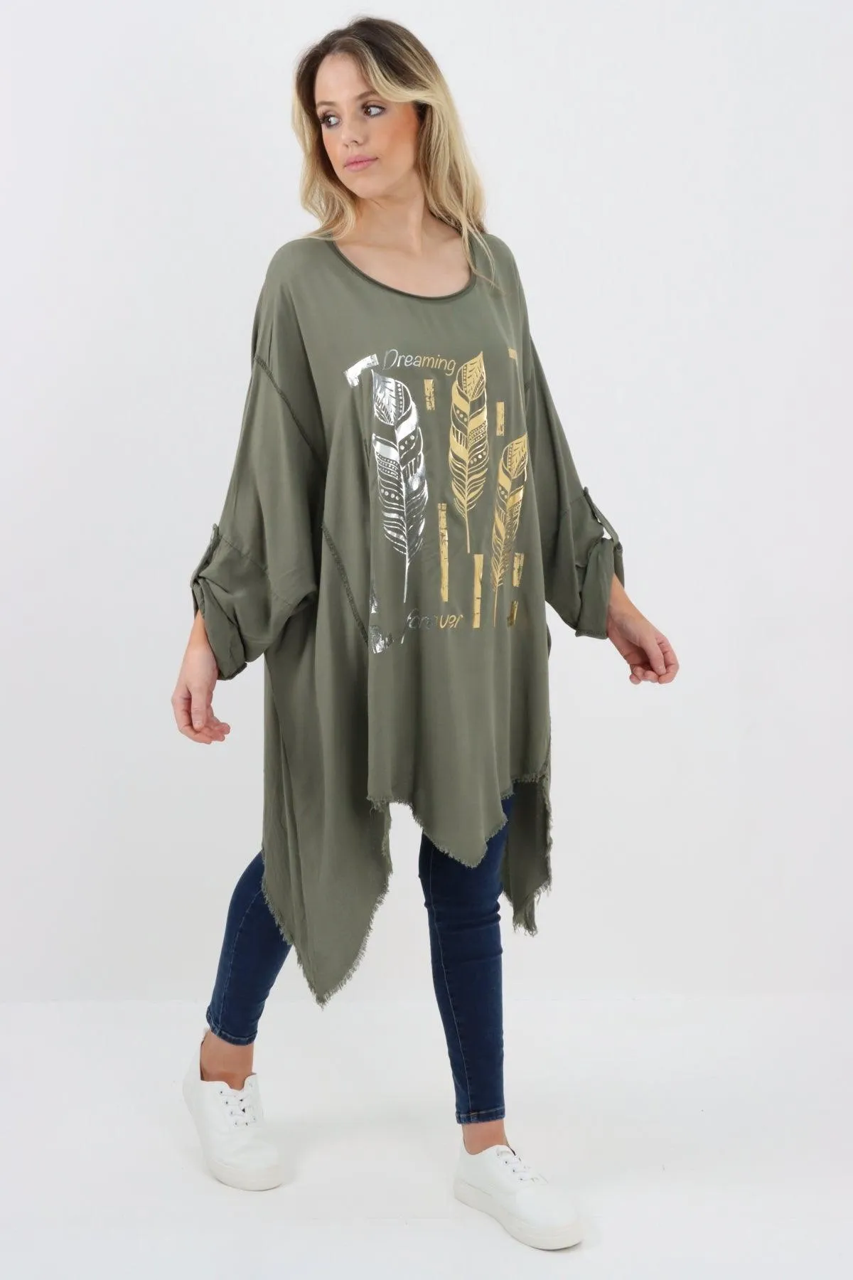 Ladies Made In Italy Foil Feather Raw Edge Top