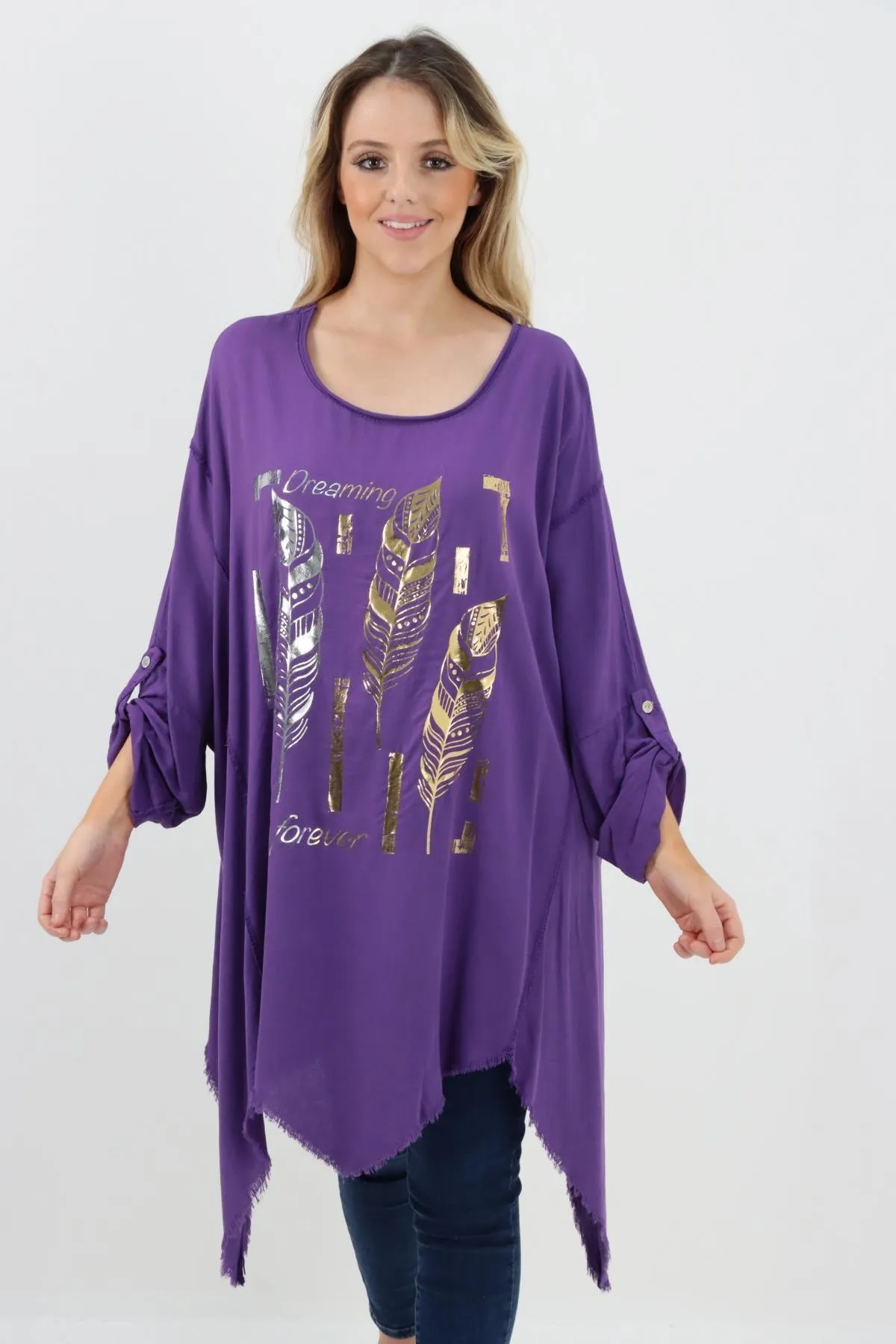 Ladies Made In Italy Foil Feather Raw Edge Top