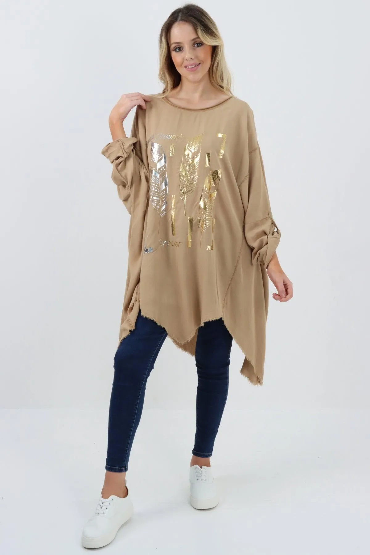 Ladies Made In Italy Foil Feather Raw Edge Top