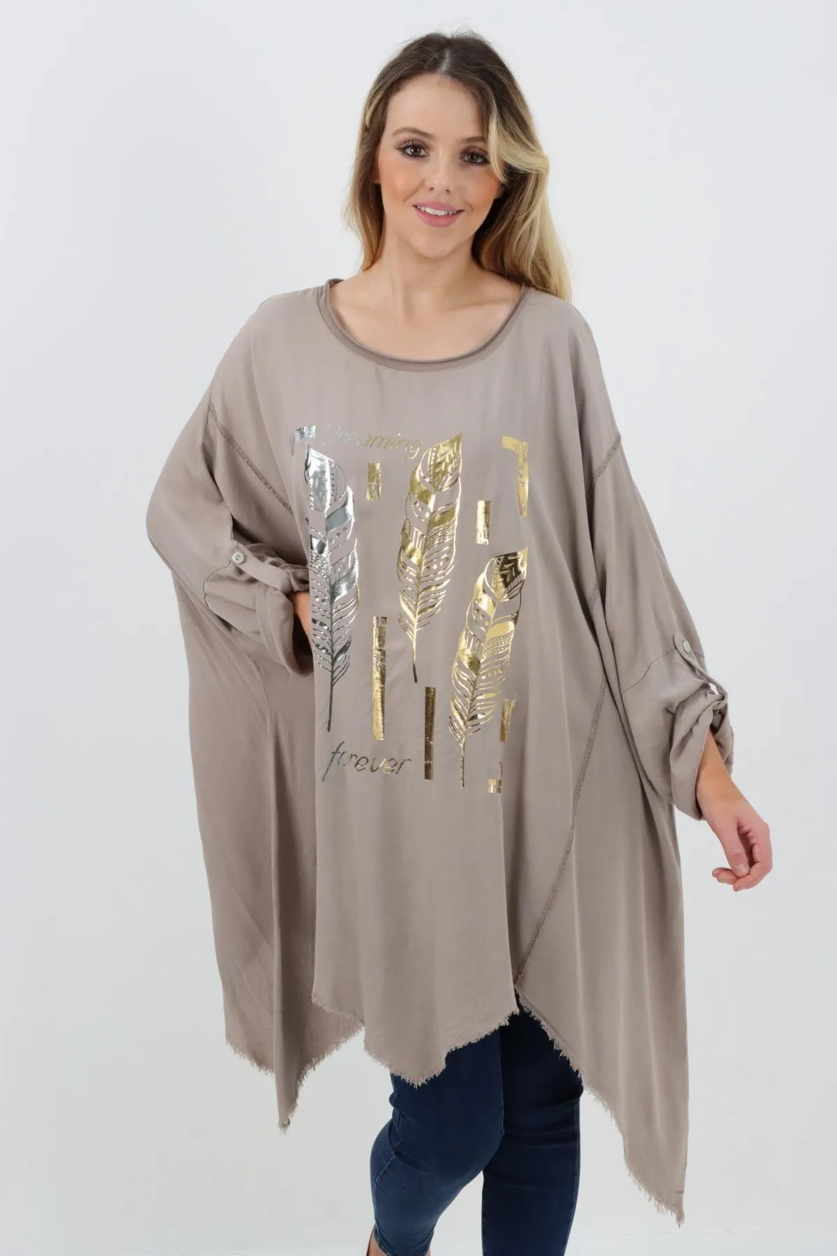 Ladies Made In Italy Foil Feather Raw Edge Top