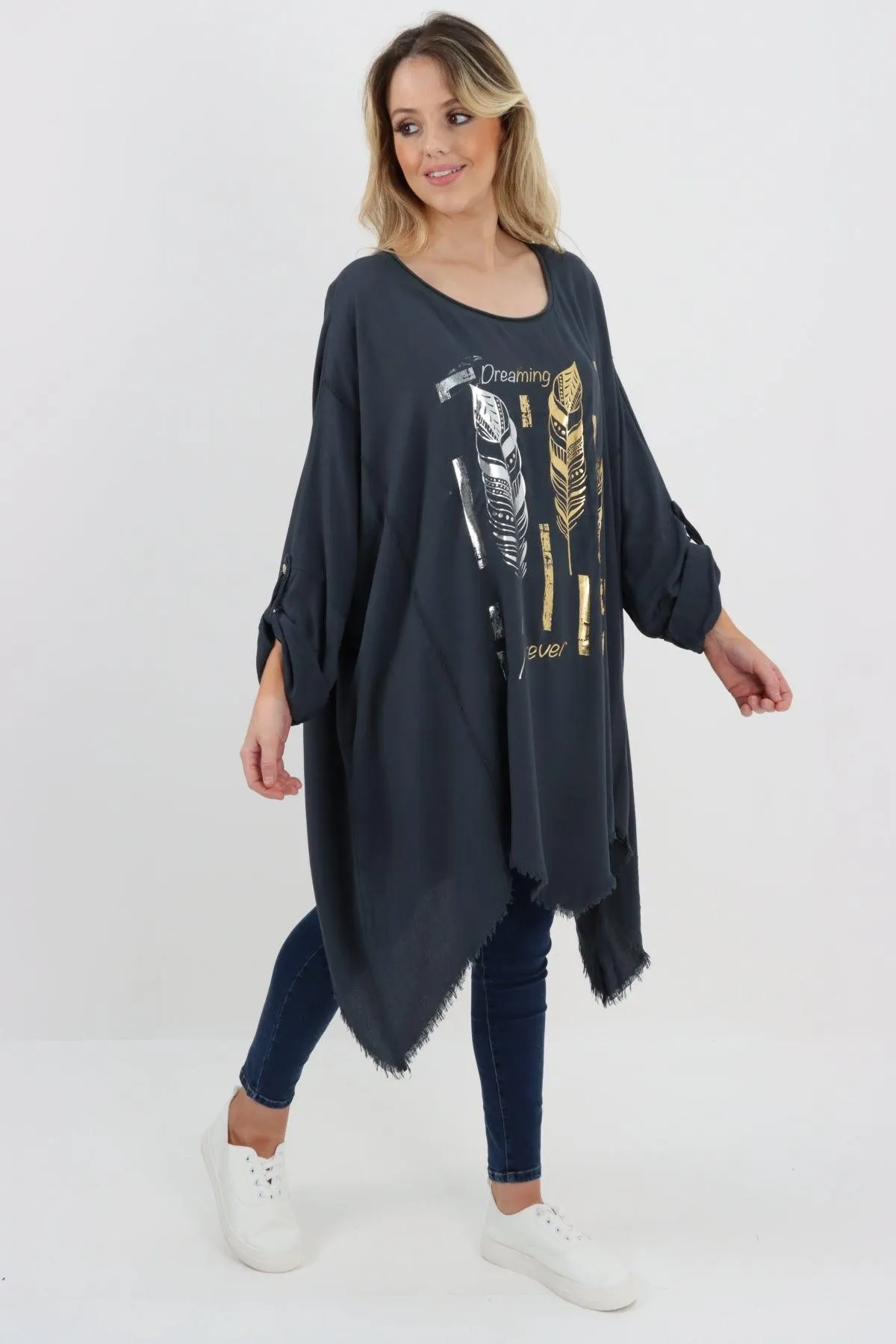 Ladies Made In Italy Foil Feather Raw Edge Top