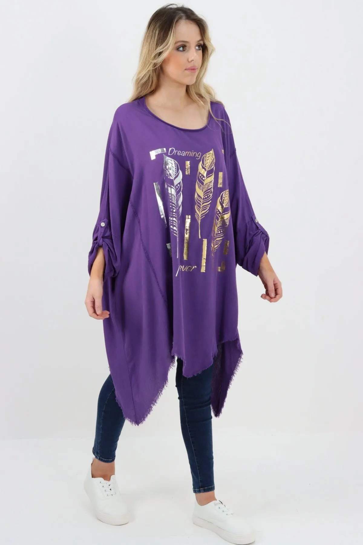 Ladies Made In Italy Foil Feather Raw Edge Top