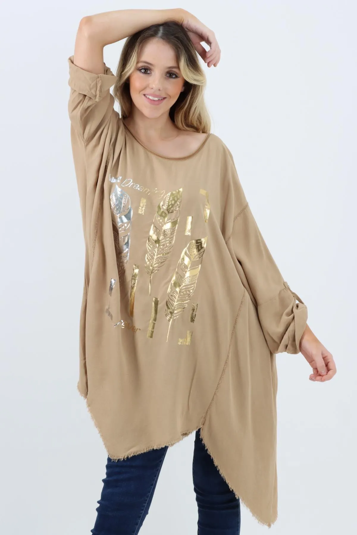 Ladies Made In Italy Foil Feather Raw Edge Top