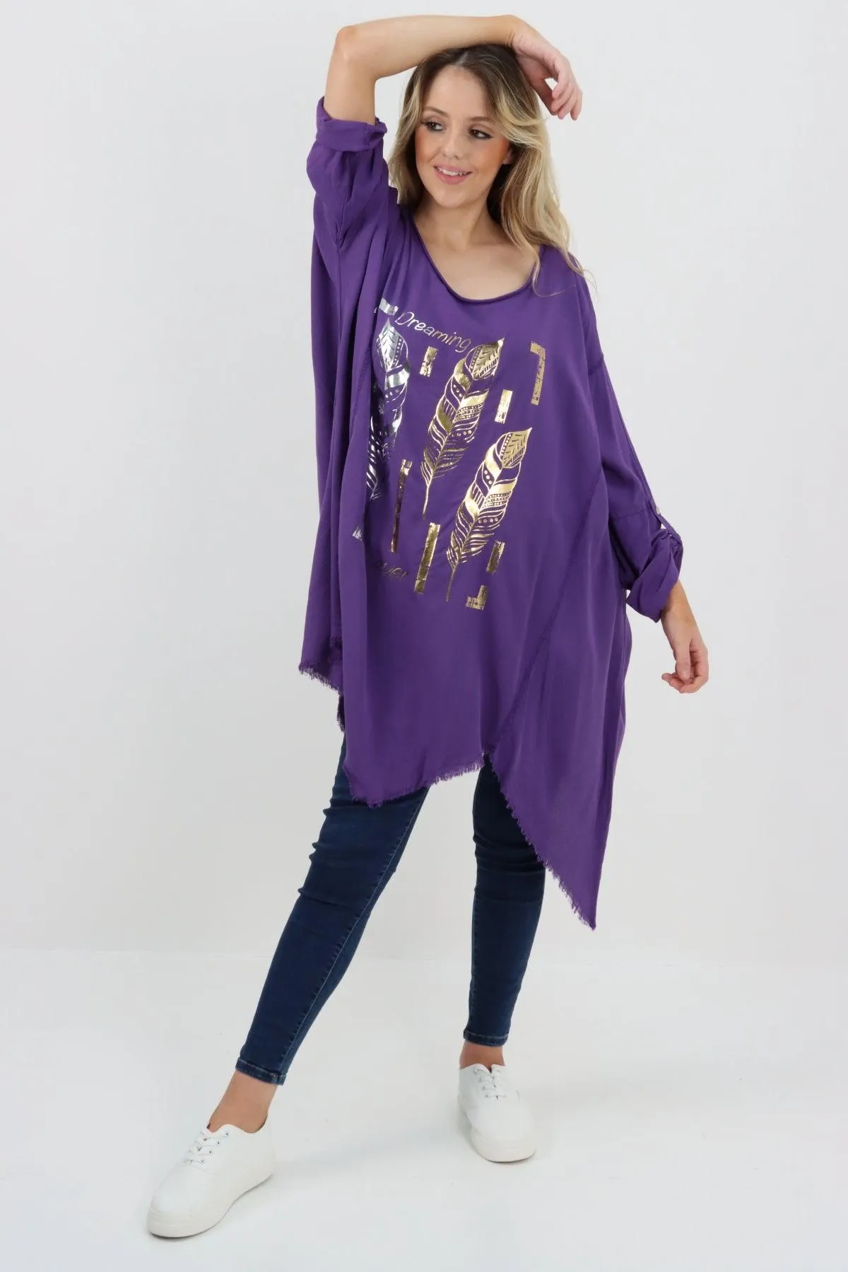 Ladies Made In Italy Foil Feather Raw Edge Top