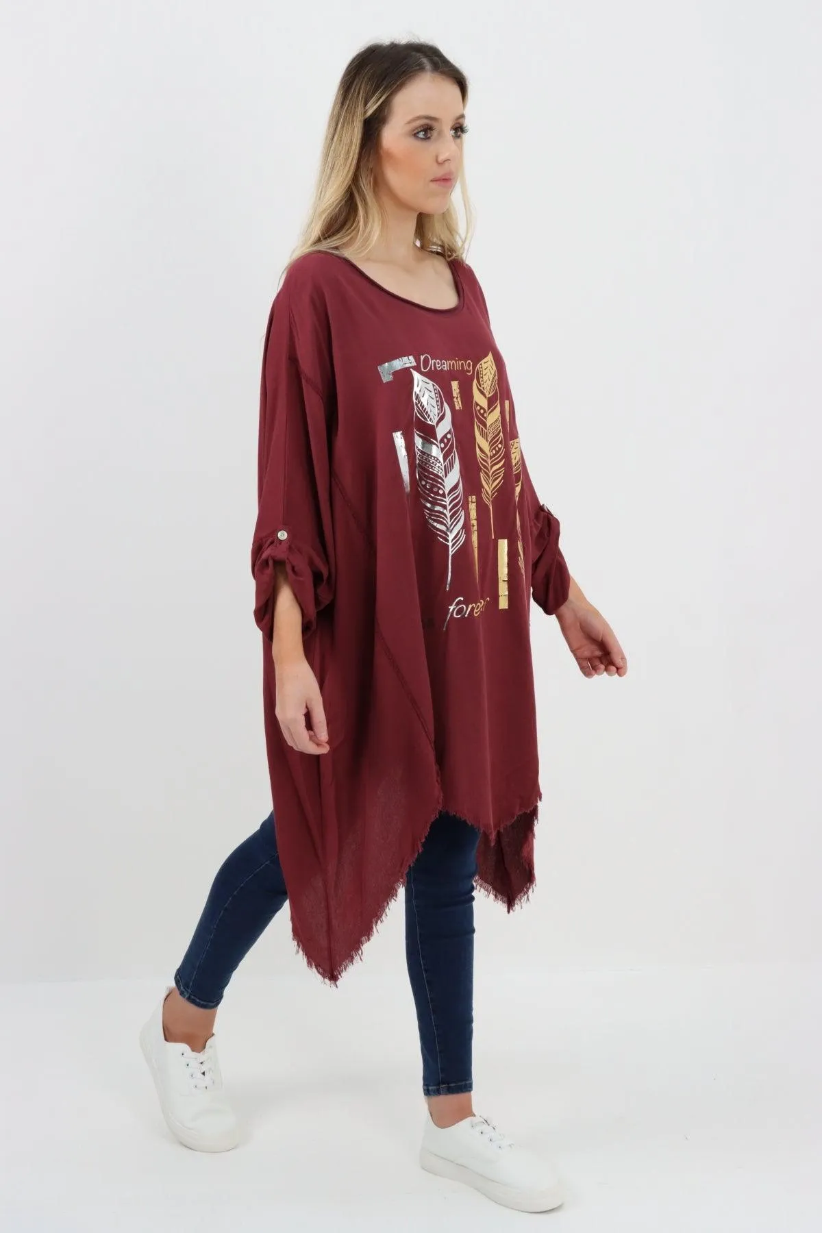 Ladies Made In Italy Foil Feather Raw Edge Top