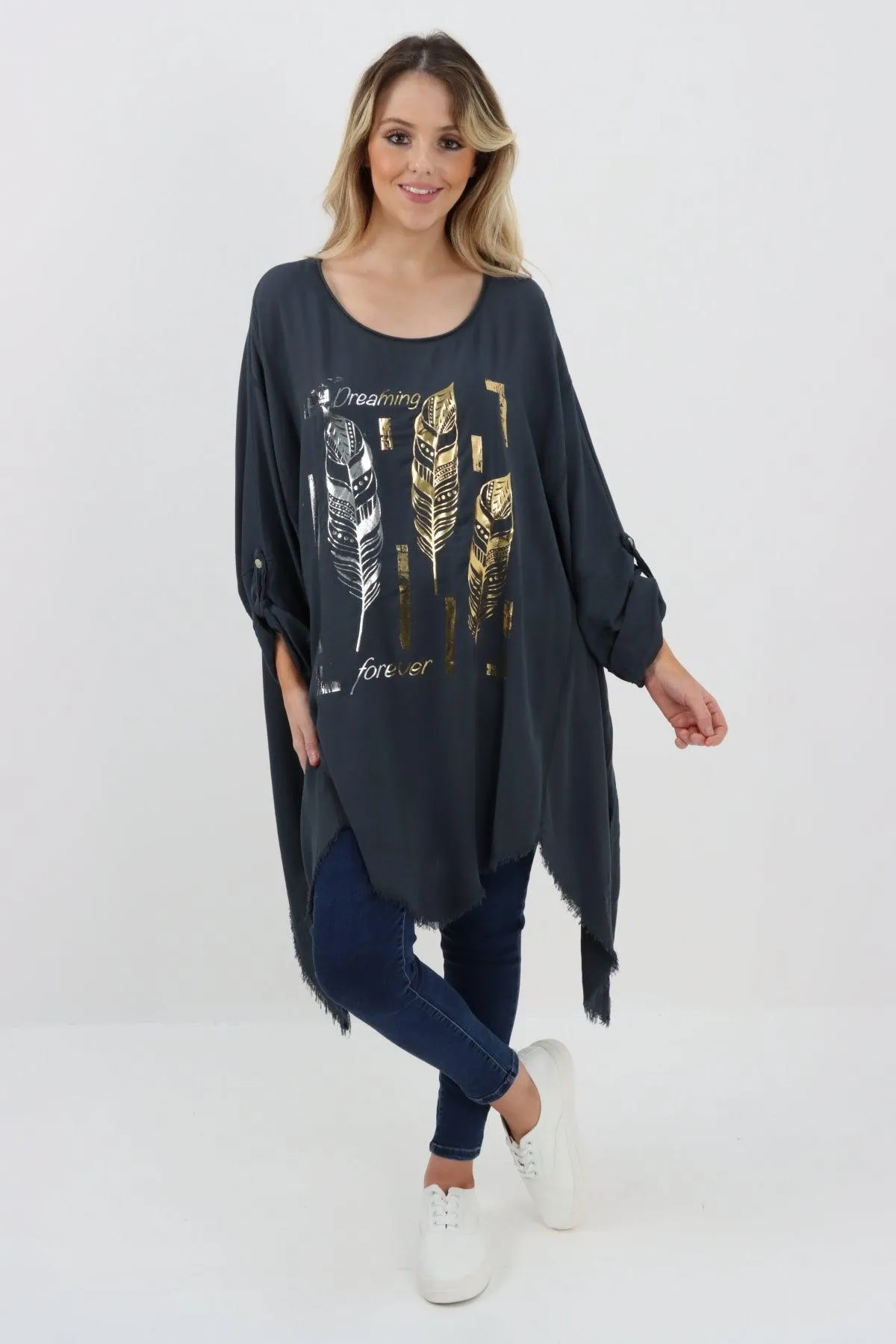 Ladies Made In Italy Foil Feather Raw Edge Top