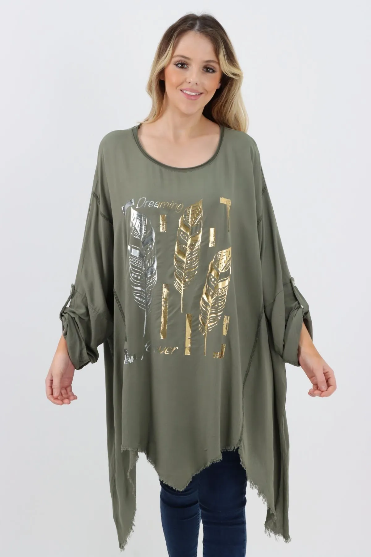 Ladies Made In Italy Foil Feather Raw Edge Top