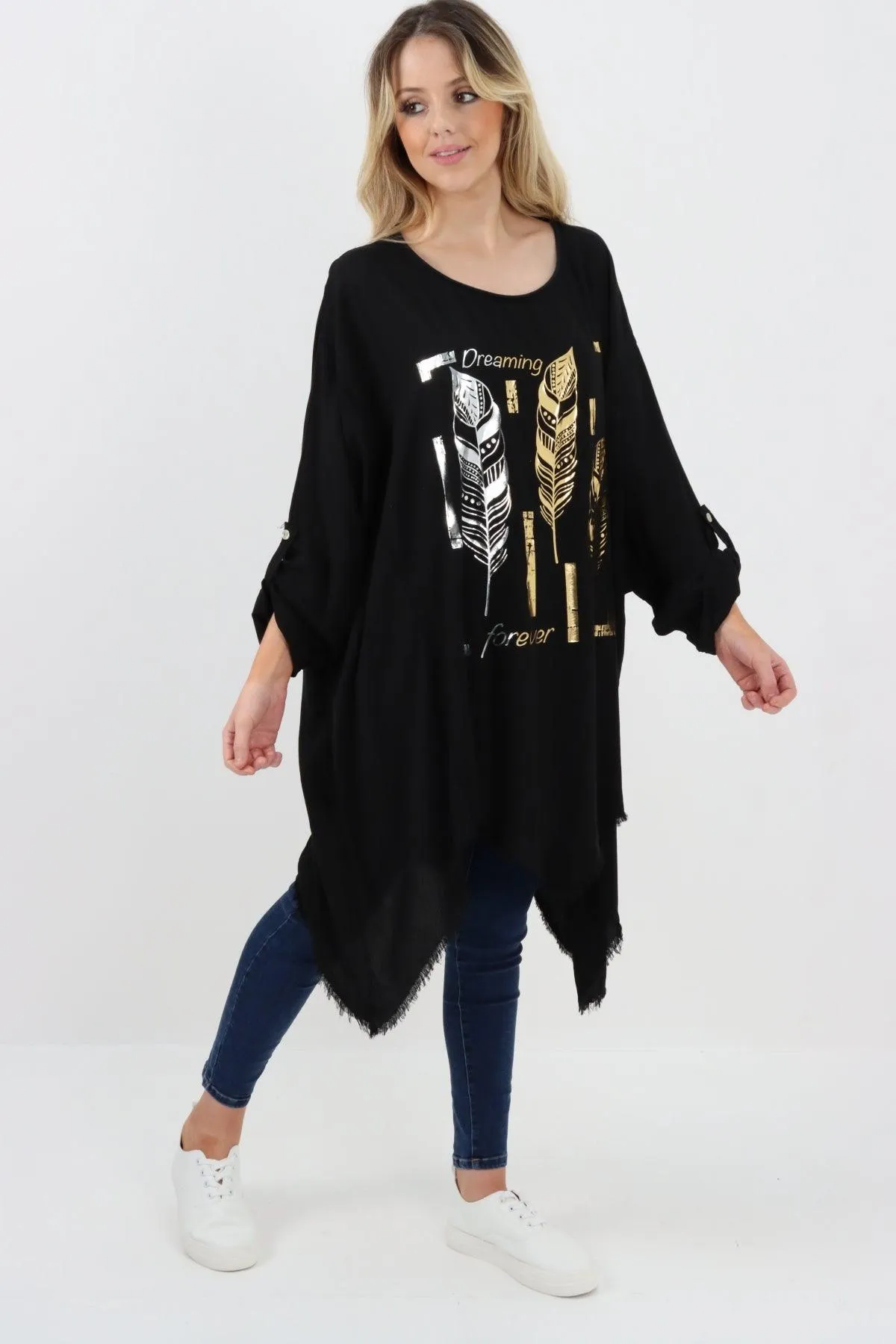 Ladies Made In Italy Foil Feather Raw Edge Top