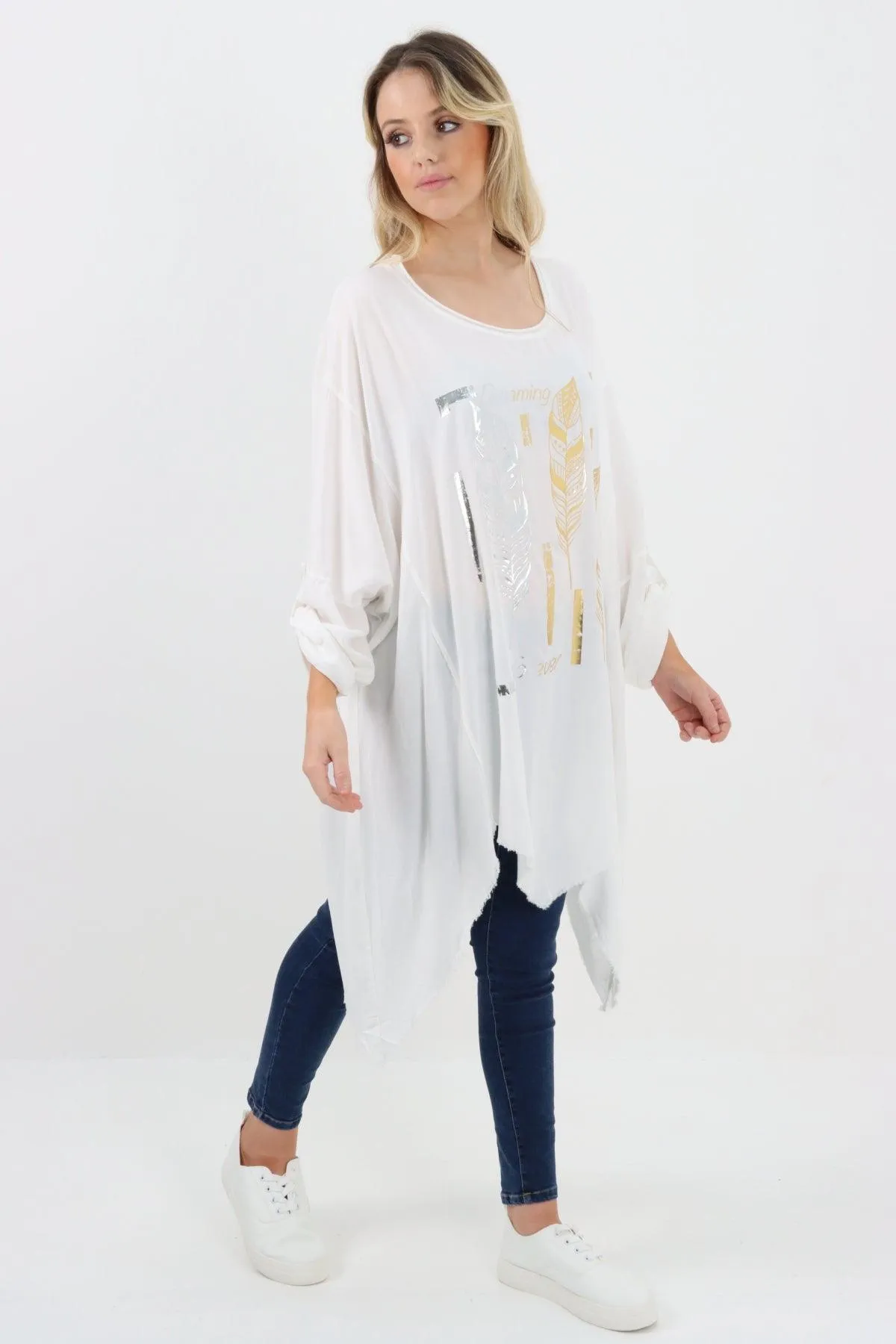 Ladies Made In Italy Foil Feather Raw Edge Top