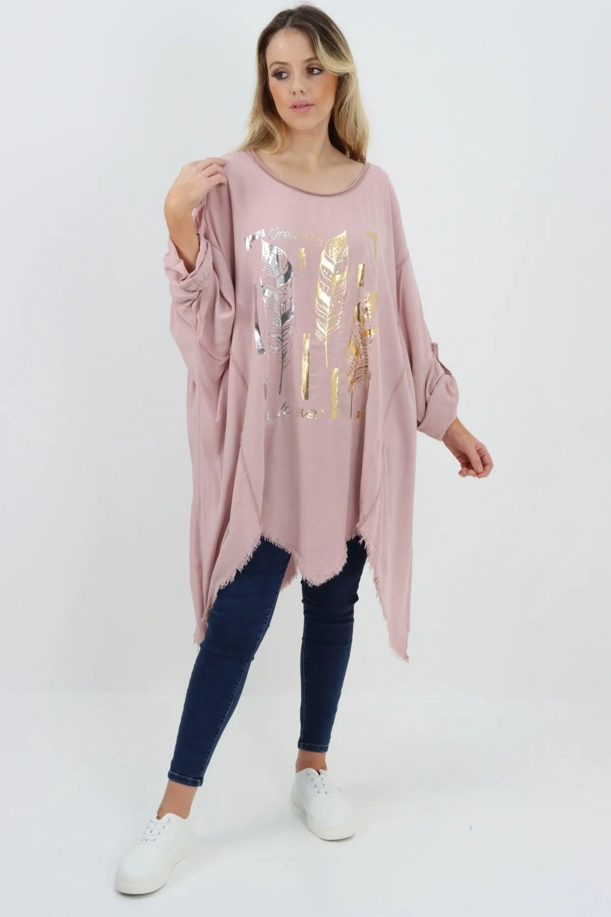 Ladies Made In Italy Foil Feather Raw Edge Top