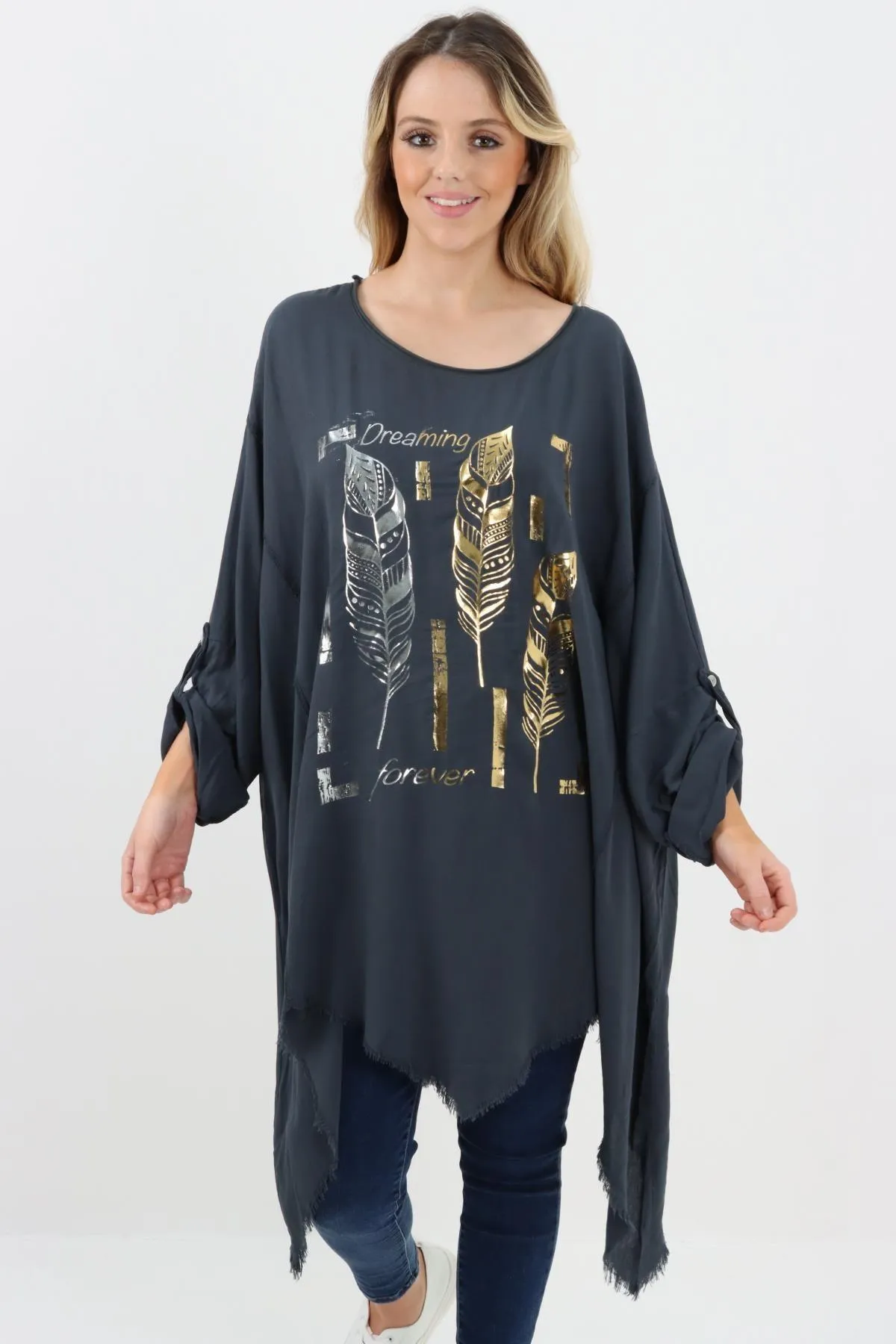Ladies Made In Italy Foil Feather Raw Edge Top