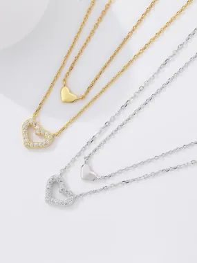 Layered Heart Necklace, .925 Sterling Silver Zircon Dainty Layered Necklace