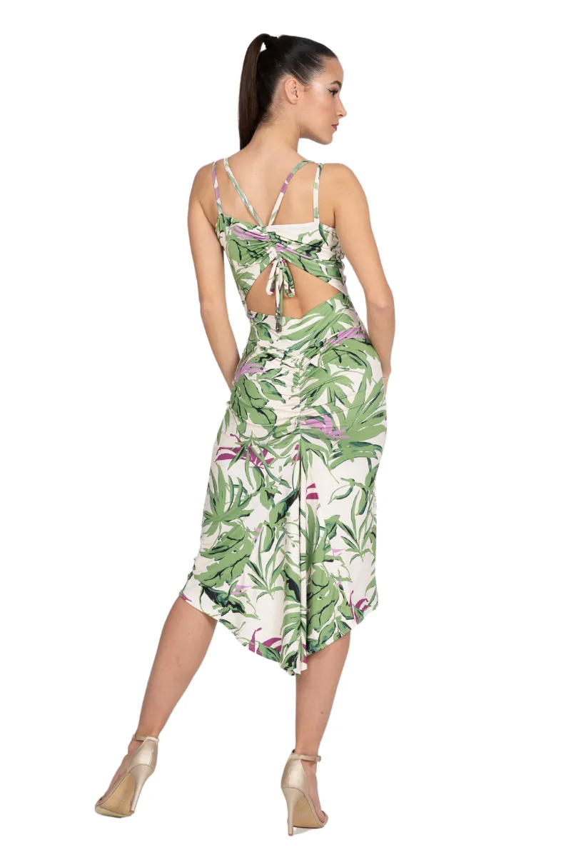 Leaf Print Fishtail Dress With Adjustable Ruched Keyhole Back