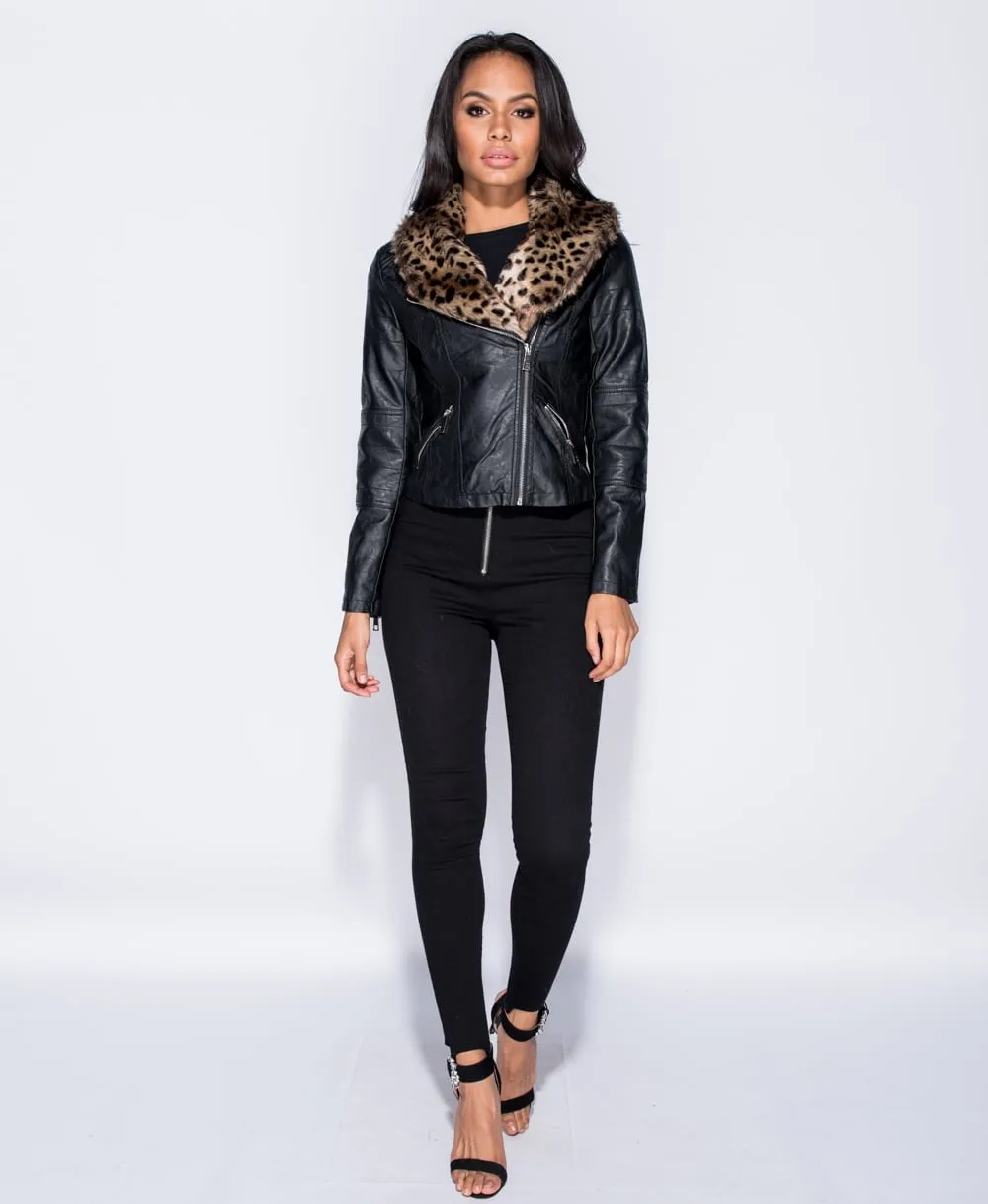Leopard Faux Fur Collar PU Biker Jacket