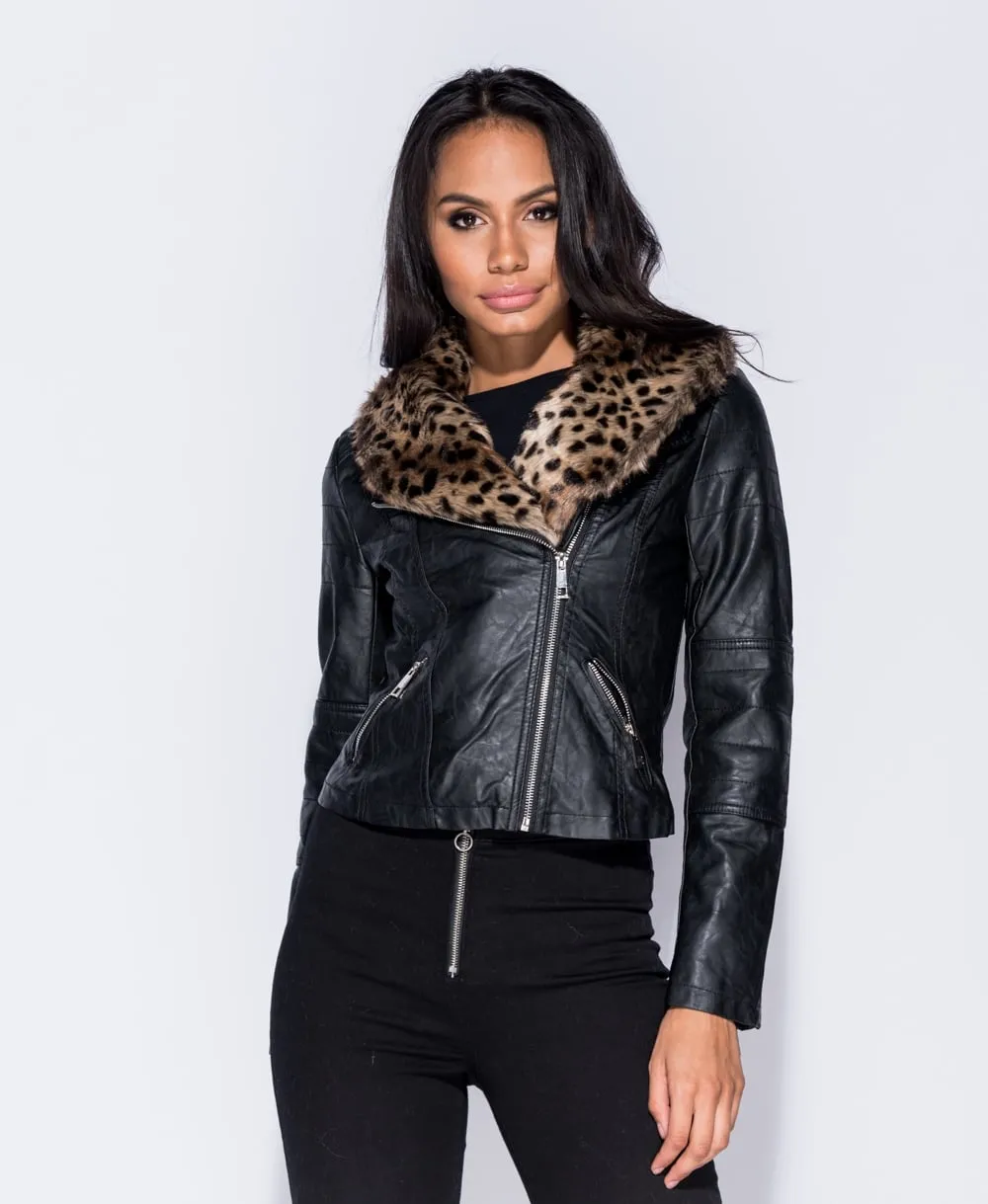Leopard Faux Fur Collar PU Biker Jacket