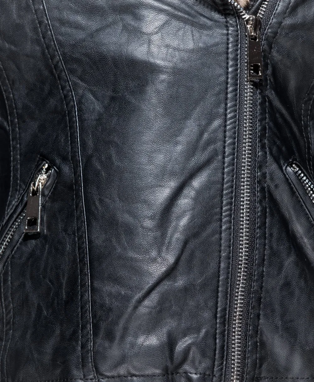 Leopard Faux Fur Collar PU Biker Jacket