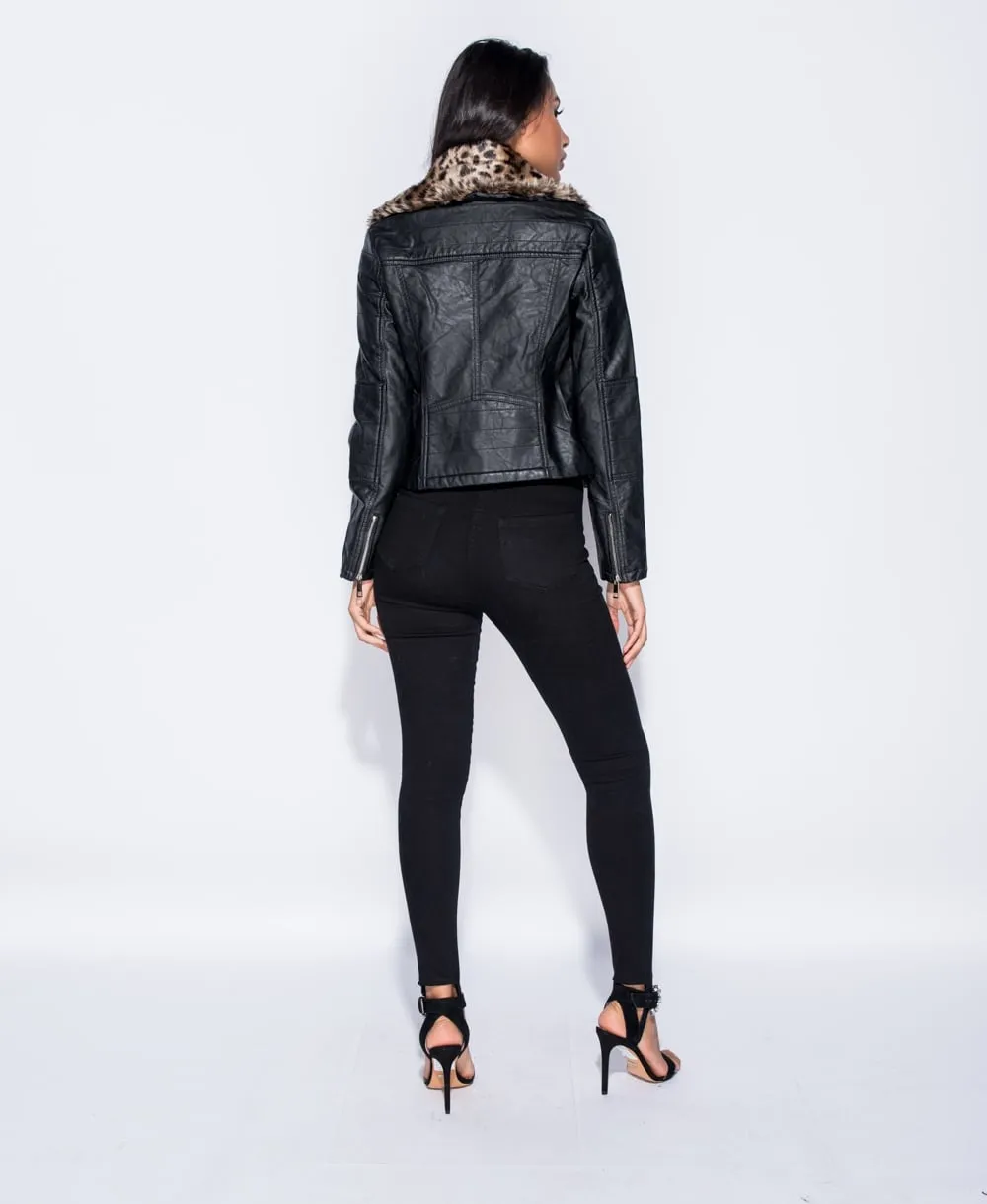Leopard Faux Fur Collar PU Biker Jacket