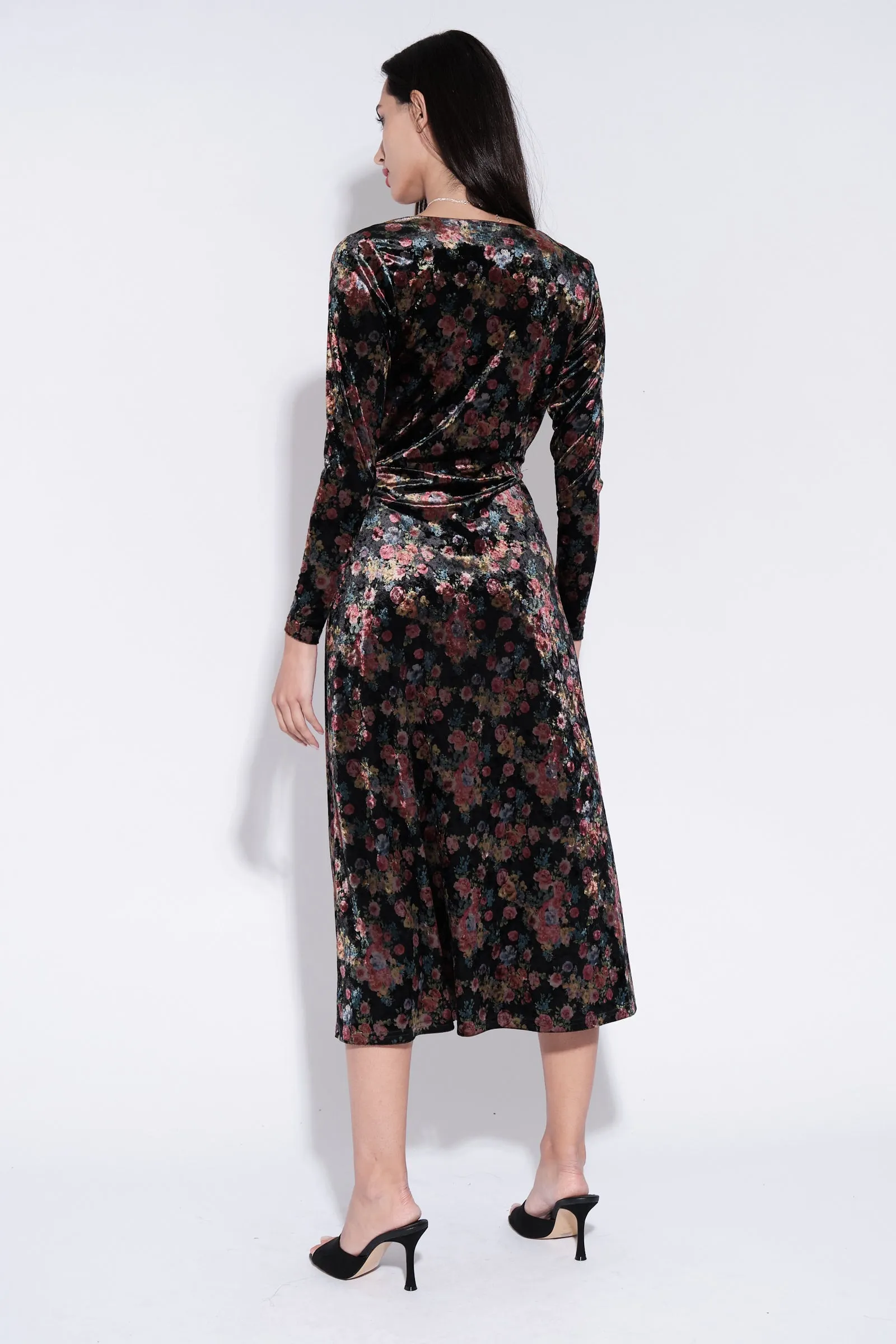 Lesley Rose Bowl Print Velvet Wrap Midi Dress
