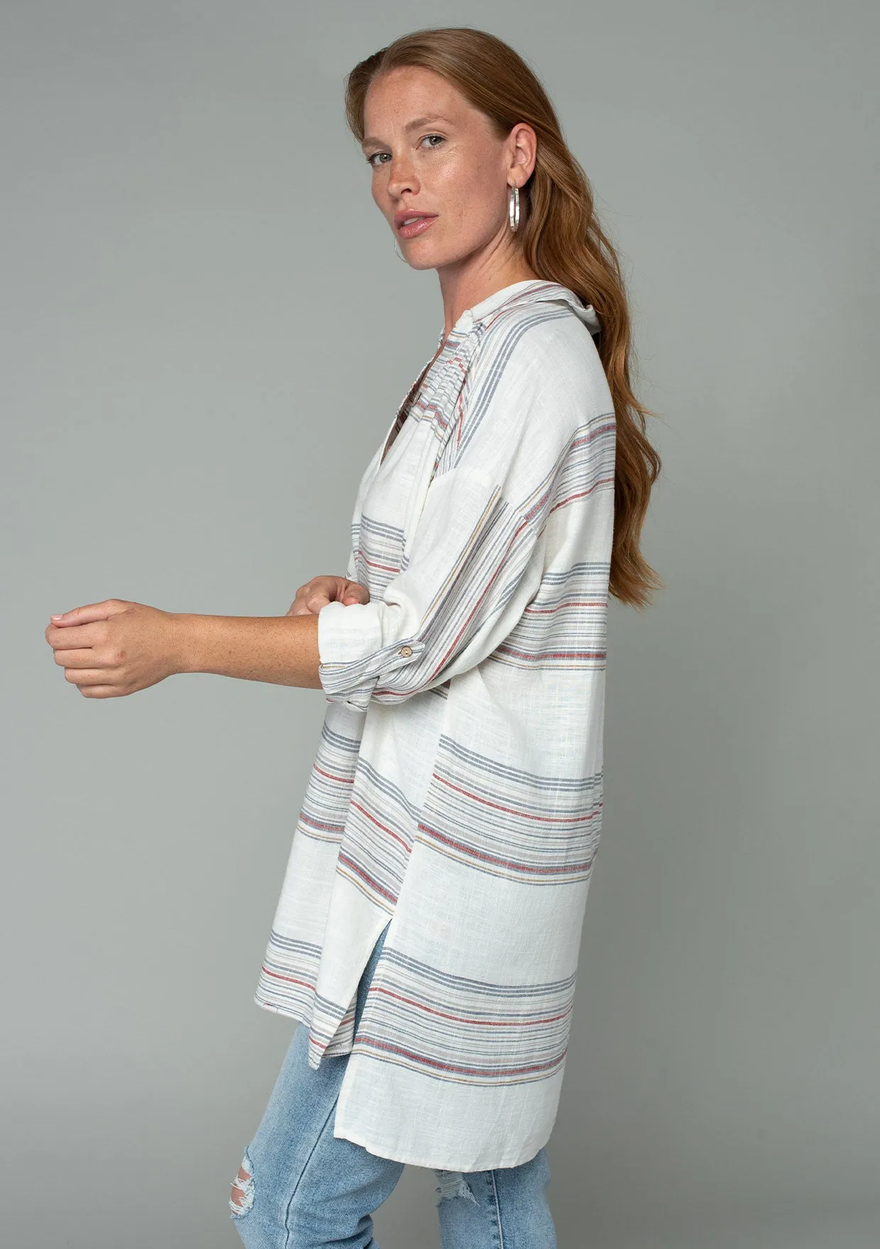 Linen Blend Striped Oversized Collared Tunic