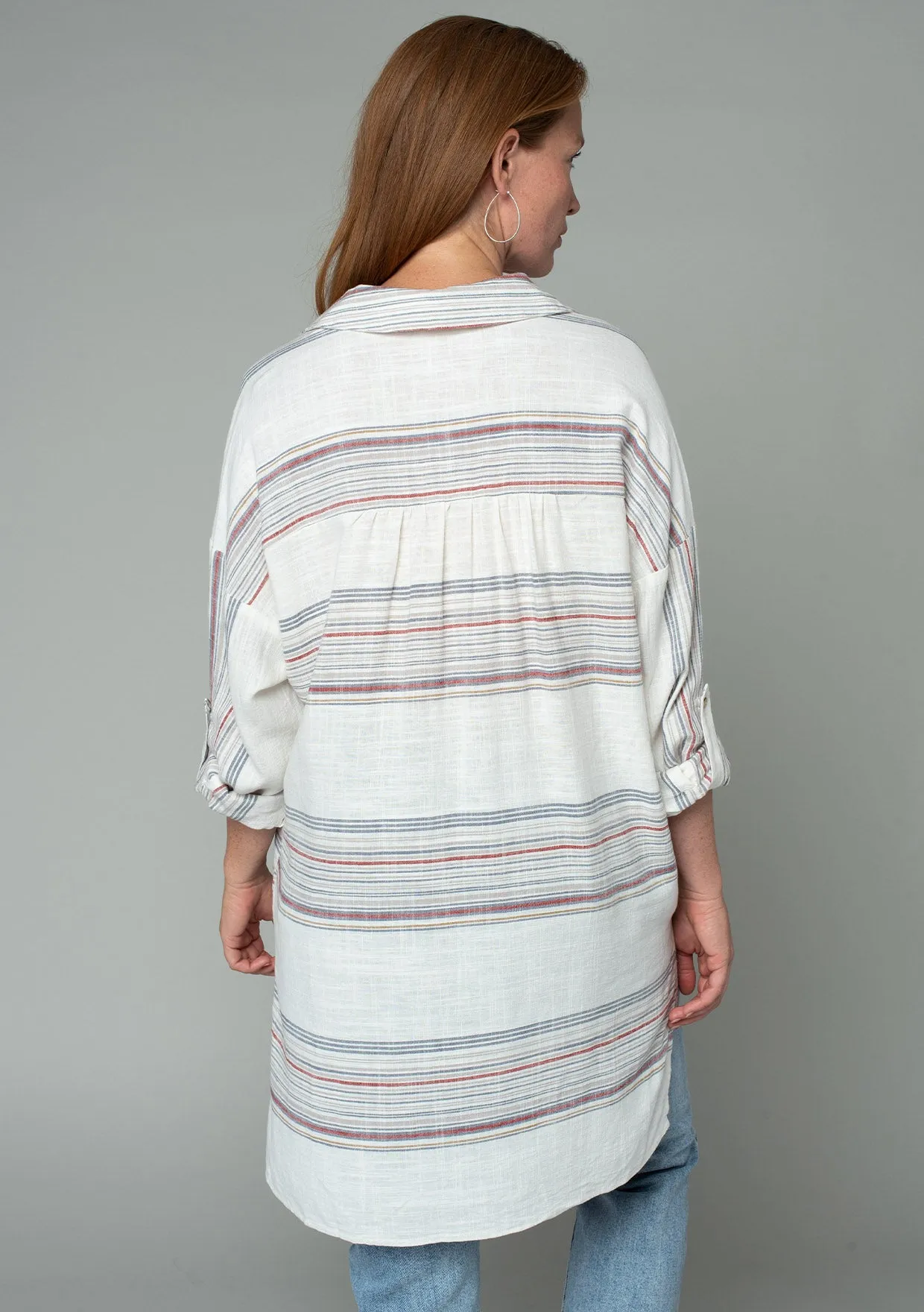 Linen Blend Striped Oversized Collared Tunic