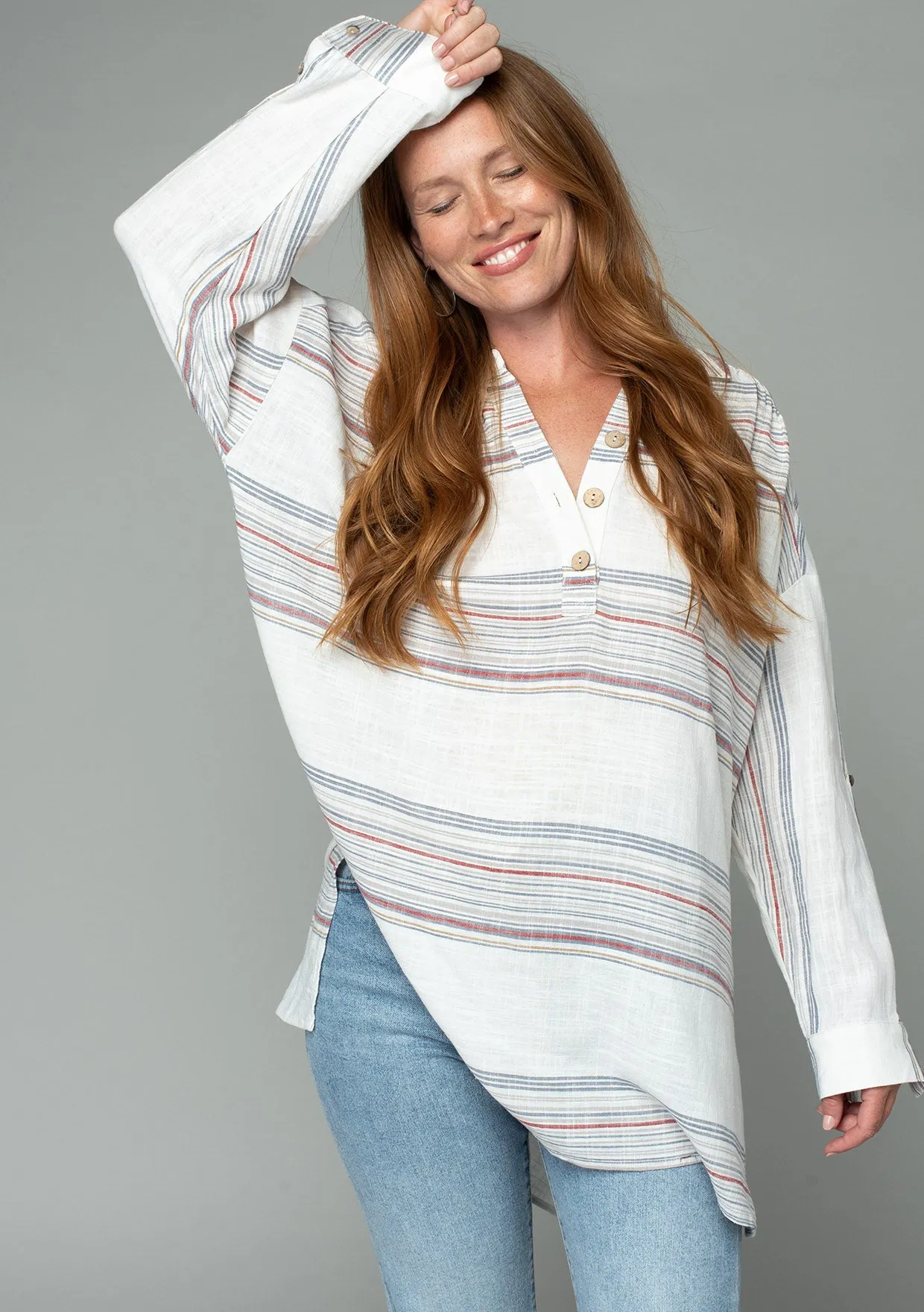Linen Blend Striped Oversized Collared Tunic