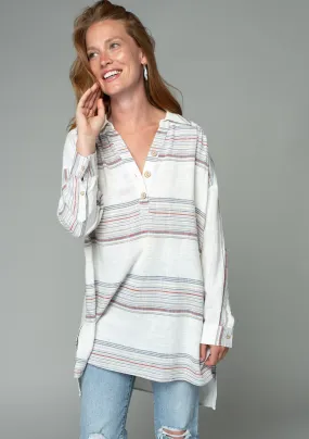 Linen Blend Striped Oversized Collared Tunic