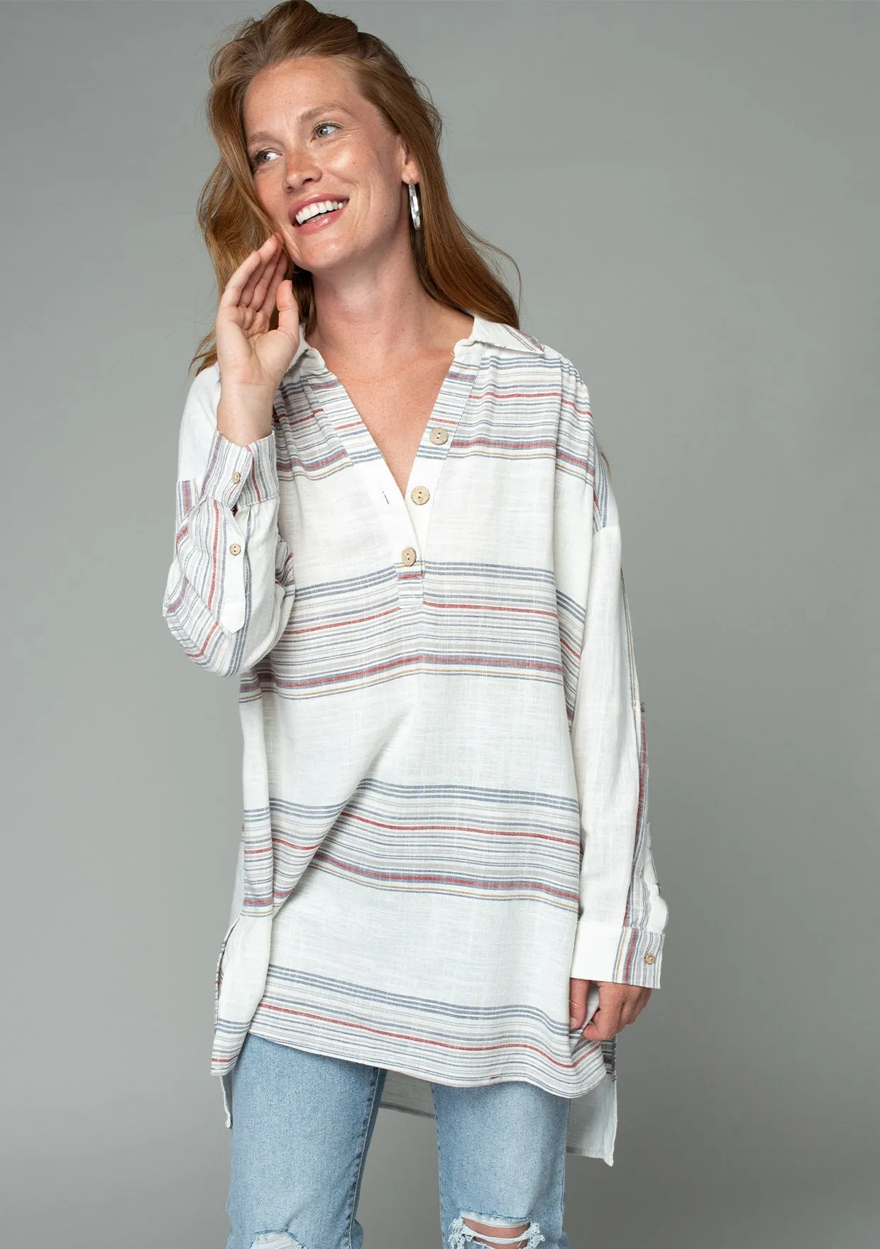 Linen Blend Striped Oversized Collared Tunic