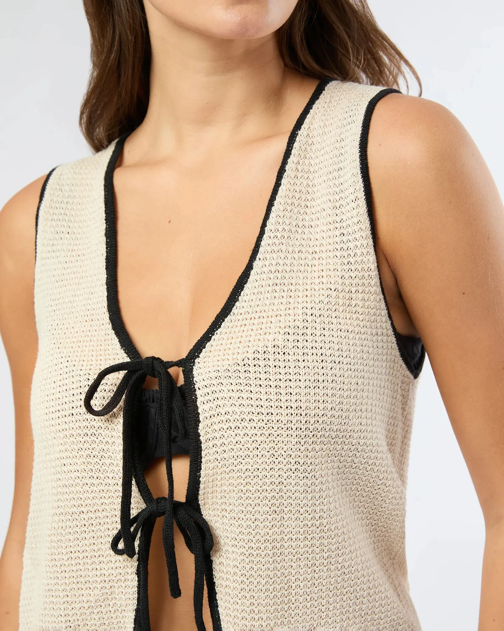 Linen Knit Tie Front Tank Top Birch Black