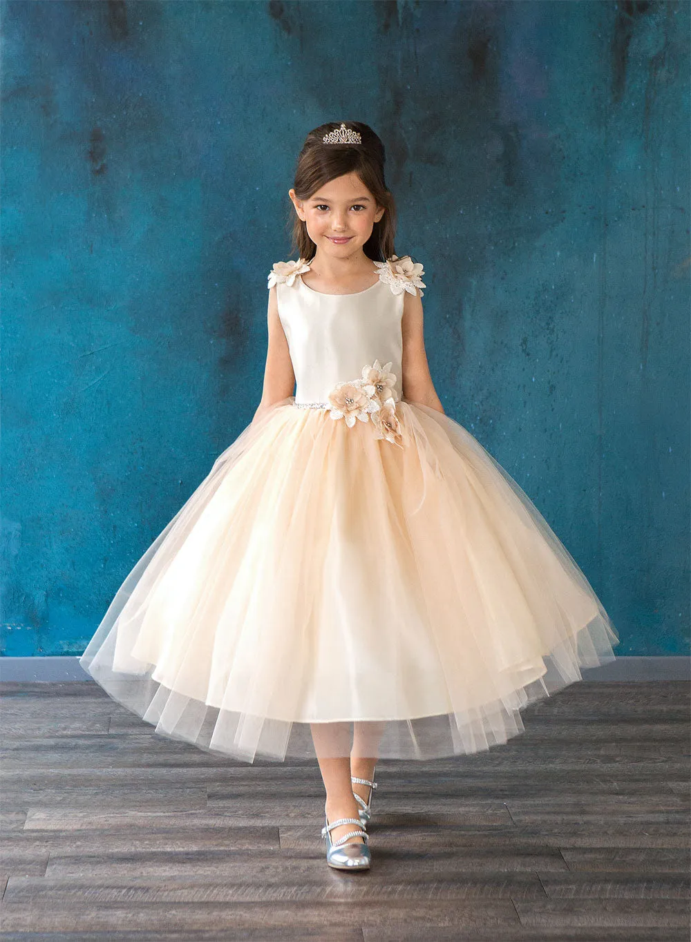 Little Girls Champagne Beaded Flower Appliques Tulle Flower Girl Dress 2-6