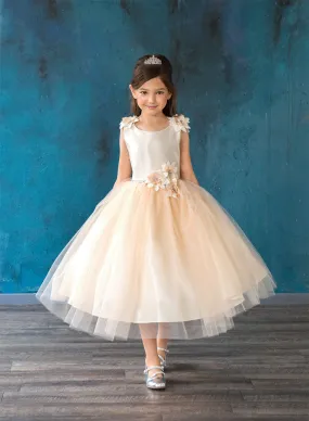 Little Girls Champagne Beaded Flower Appliques Tulle Flower Girl Dress 2-6