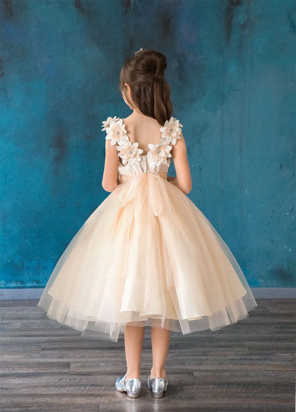 Little Girls Champagne Beaded Flower Appliques Tulle Flower Girl Dress 2-6