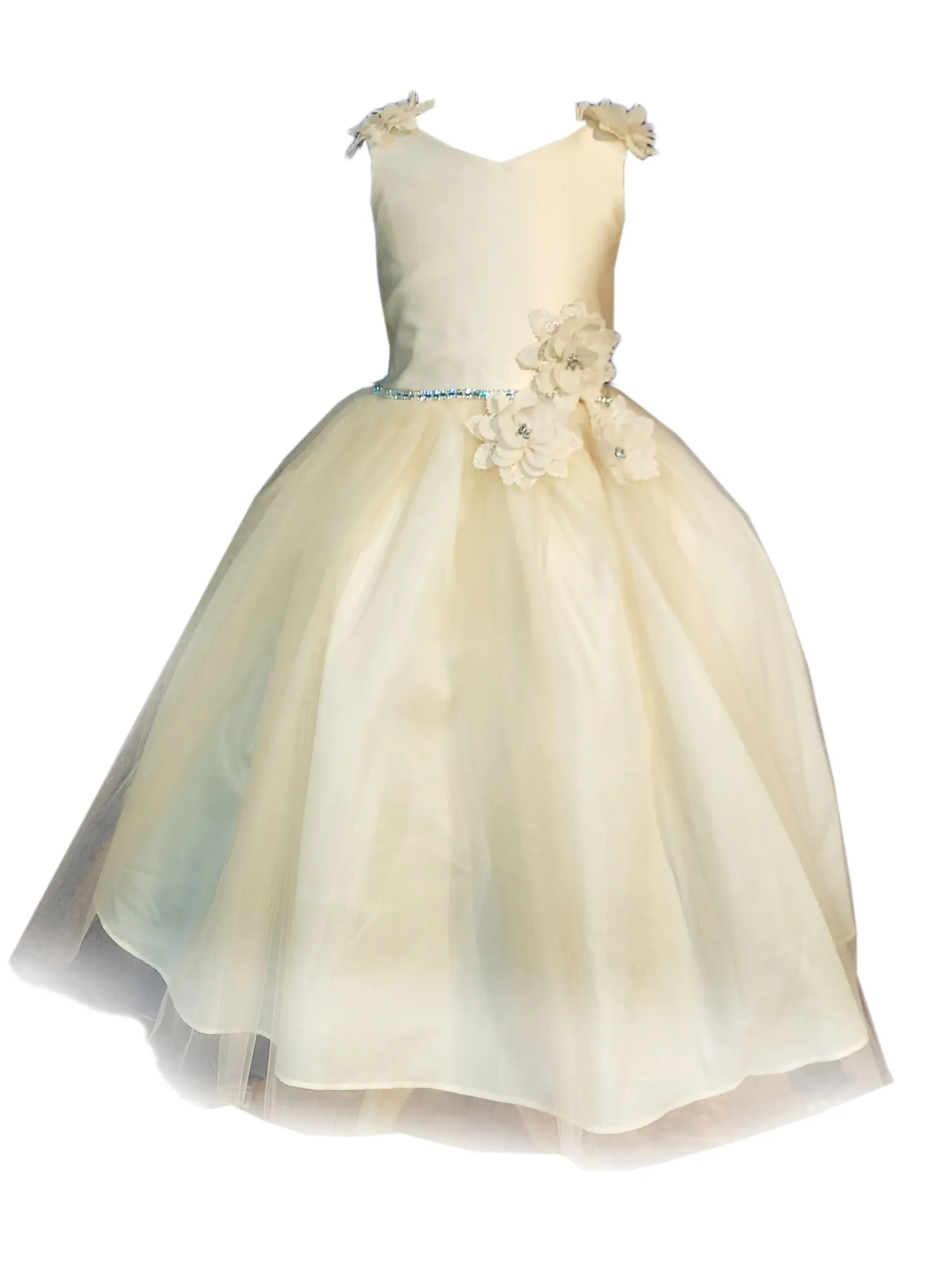 Little Girls Champagne Beaded Flower Appliques Tulle Flower Girl Dress 2-6