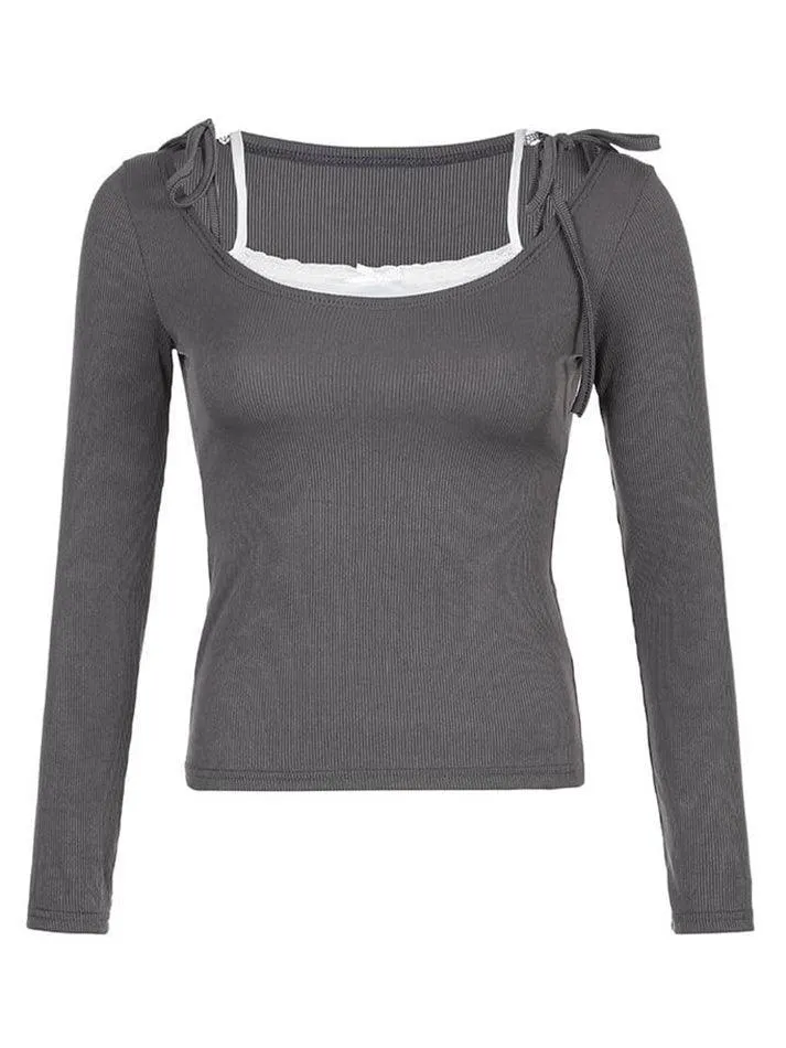 Long Sleeve Mock Two Piece Tie-Strap Lace-Trim Bow Top