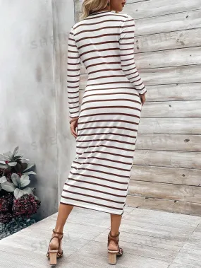 LUNE Women's Striped Round Neck Twisted Long Sleeve Bodycon Dress For Fall