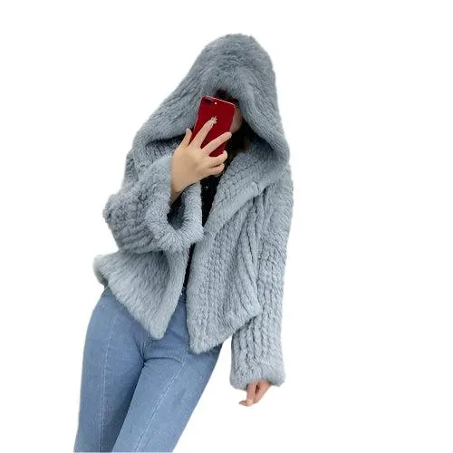 Luxurious Natural Rabbit Fur Hooded Coat – Soft, Warm & Elegant for Winter