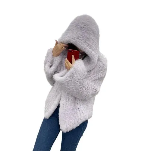 Luxurious Natural Rabbit Fur Hooded Coat – Soft, Warm & Elegant for Winter